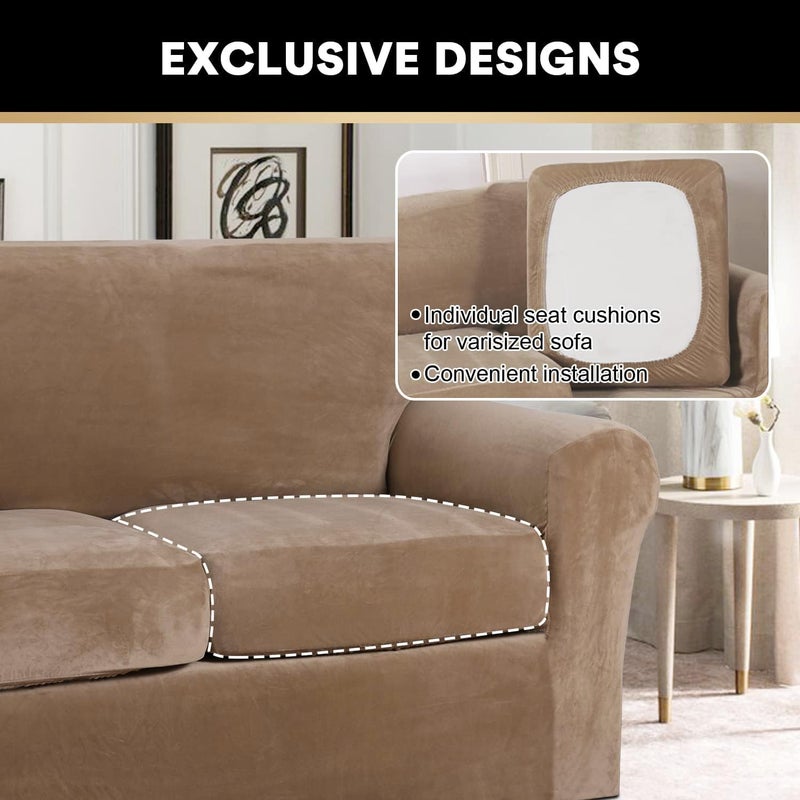 PrinceDeco Velvet Couch Cover Loveseat Covers for 2 Cushion Couch 3 Piece Sofa Covers for Dogs Washable Loveseat Covers Width Up to 72 Inch No Slip Stretch Sofa Slipcover(Medium, Camel) - Image 5